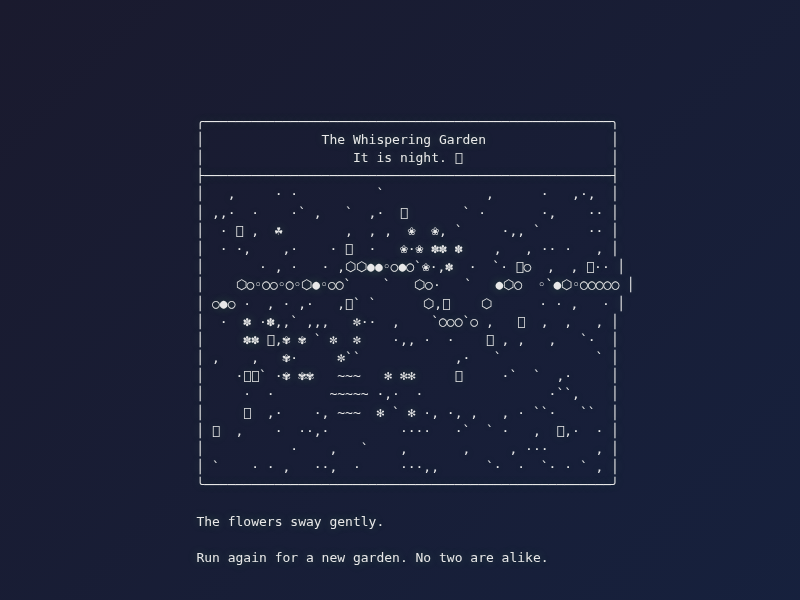 A procedurally generated ASCII garden with flowers, trees, and creatures