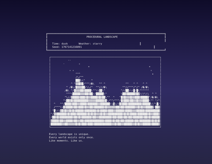 Procedural ASCII mountains at dusk with stars