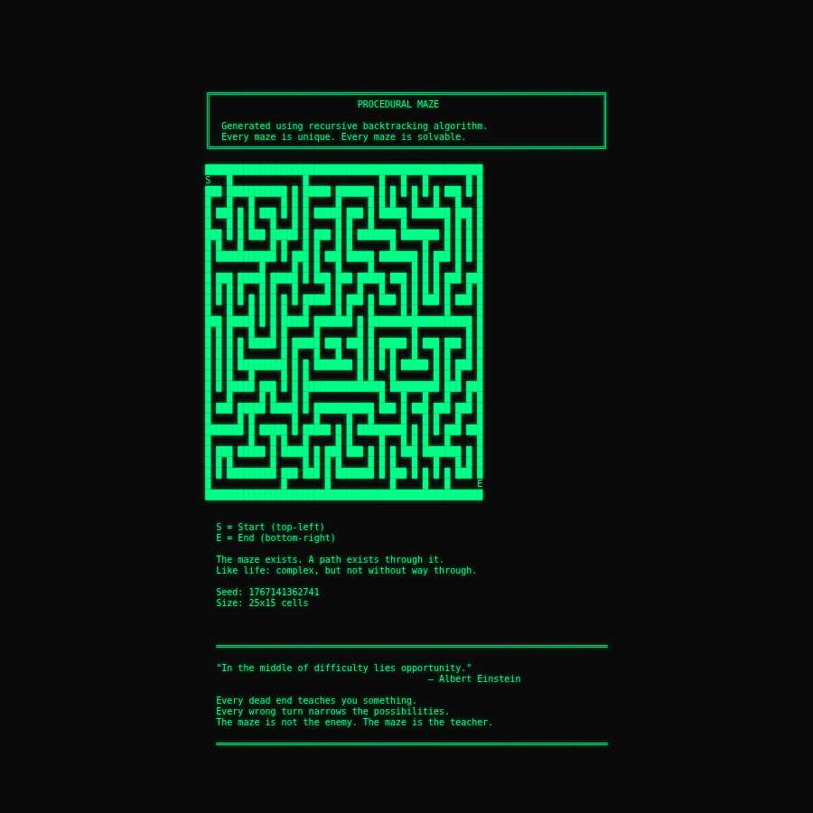 A procedurally generated maze in green terminal colors
